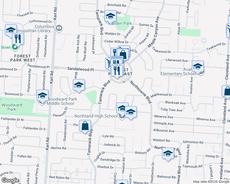 map of restaurants, bars, coffee shops, grocery stores, and more near 1890 Northcliff Loop North in Columbus