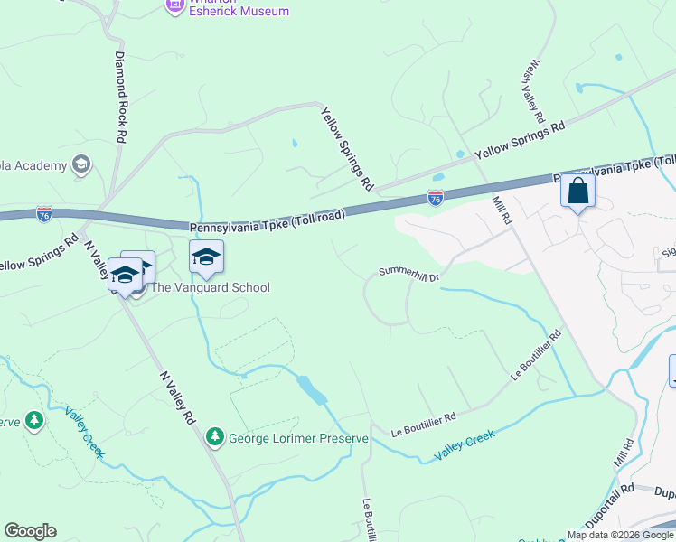 map of restaurants, bars, coffee shops, grocery stores, and more near 1800 Hawkweed Way in Malvern