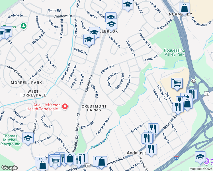 map of restaurants, bars, coffee shops, grocery stores, and more near 122 Hickory Hill Road in Philadelphia