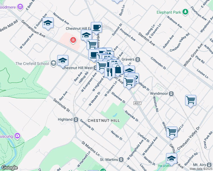 map of restaurants, bars, coffee shops, grocery stores, and more near 8417 Shawnee Street in Philadelphia