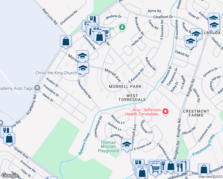 map of restaurants, bars, coffee shops, grocery stores, and more near 3373 South Keswick Road in Philadelphia
