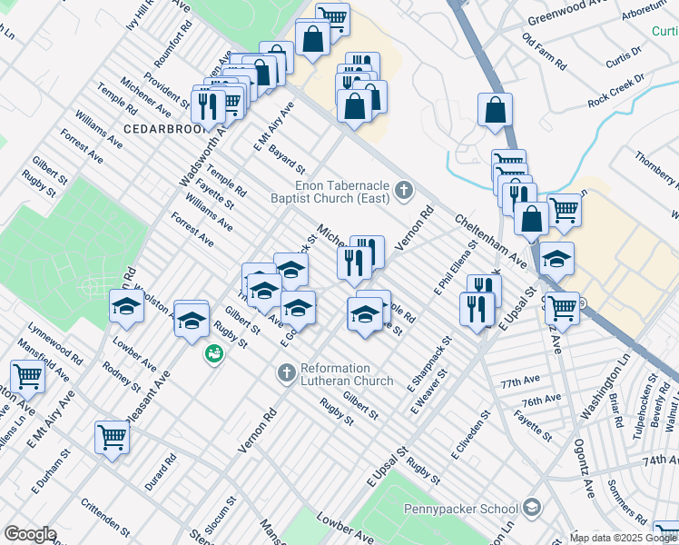 map of restaurants, bars, coffee shops, grocery stores, and more near 8010 Temple Road in Philadelphia