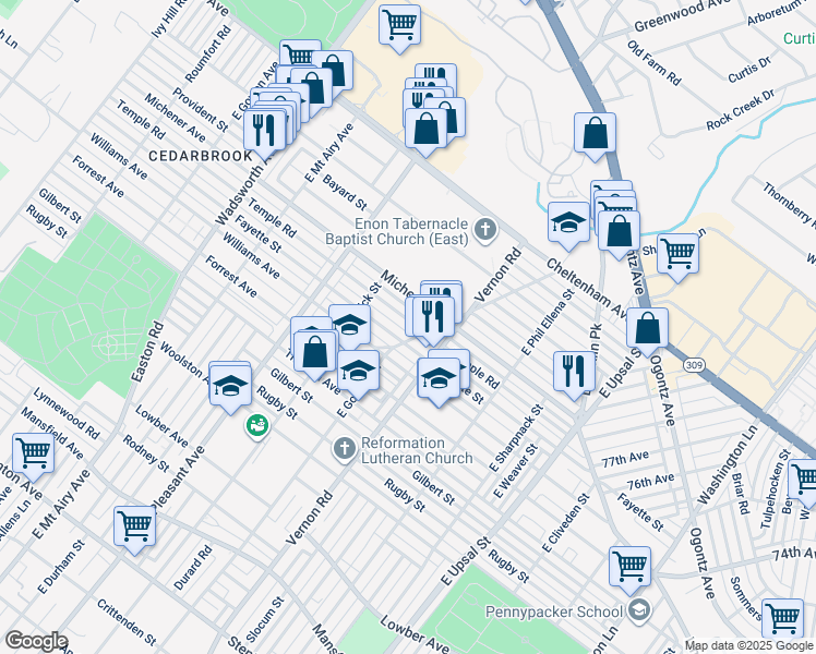 map of restaurants, bars, coffee shops, grocery stores, and more near 8010 Temple Road in Philadelphia