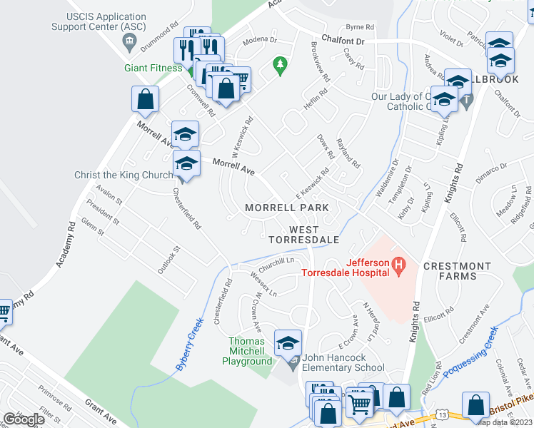 map of restaurants, bars, coffee shops, grocery stores, and more near 3383 South Keswick Road in Philadelphia