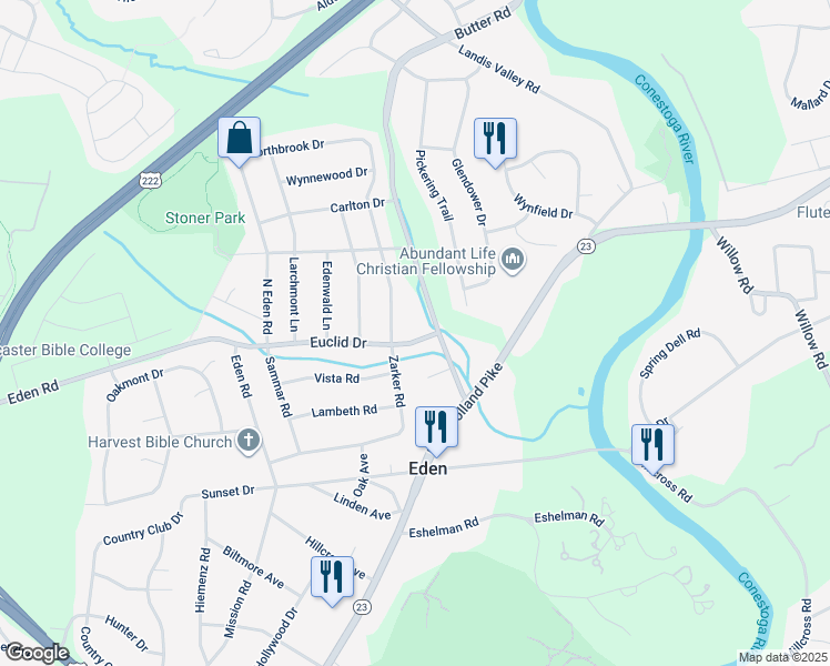 map of restaurants, bars, coffee shops, grocery stores, and more near 1761 Euclid Drive in Lancaster