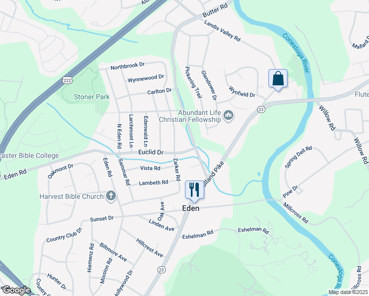 map of restaurants, bars, coffee shops, grocery stores, and more near 1761 Euclid Drive in Lancaster