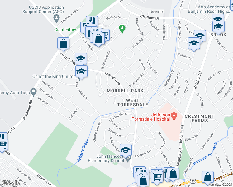 map of restaurants, bars, coffee shops, grocery stores, and more near 3383 South Keswick Road in Philadelphia