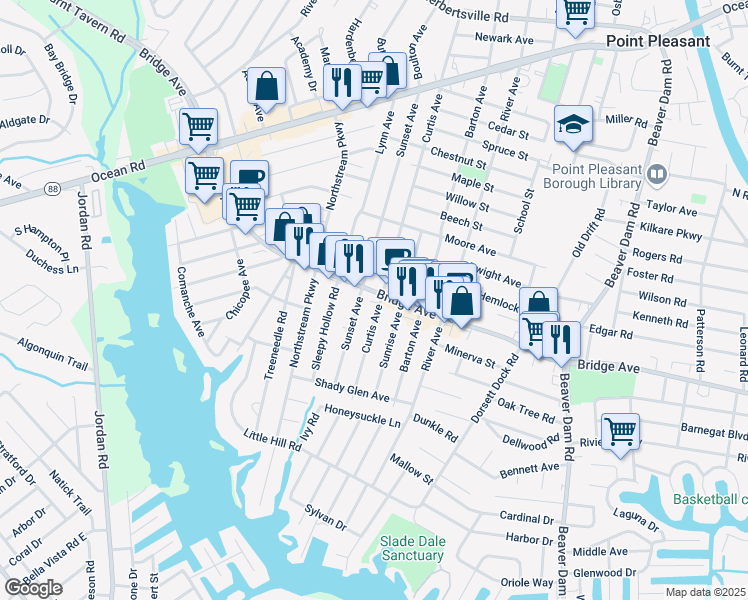 map of restaurants, bars, coffee shops, grocery stores, and more near 1307 Curtis Avenue in Point Pleasant Beach