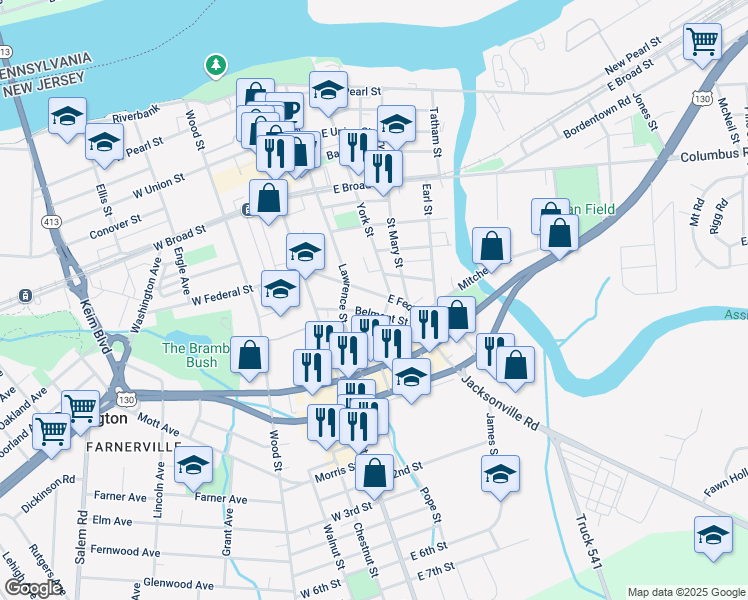 map of restaurants, bars, coffee shops, grocery stores, and more near 5 Belmont Street in Burlington