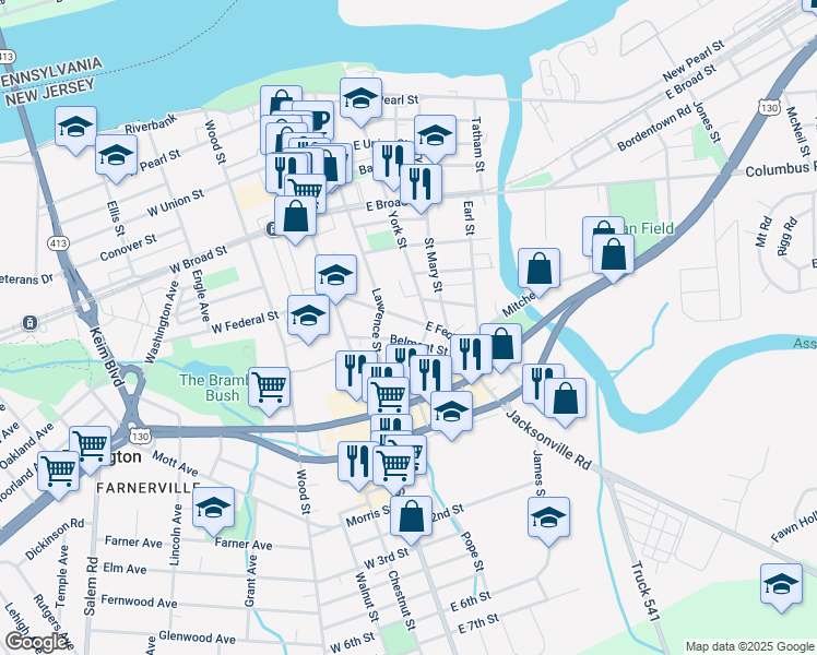 map of restaurants, bars, coffee shops, grocery stores, and more near 5 Belmont Street in Burlington