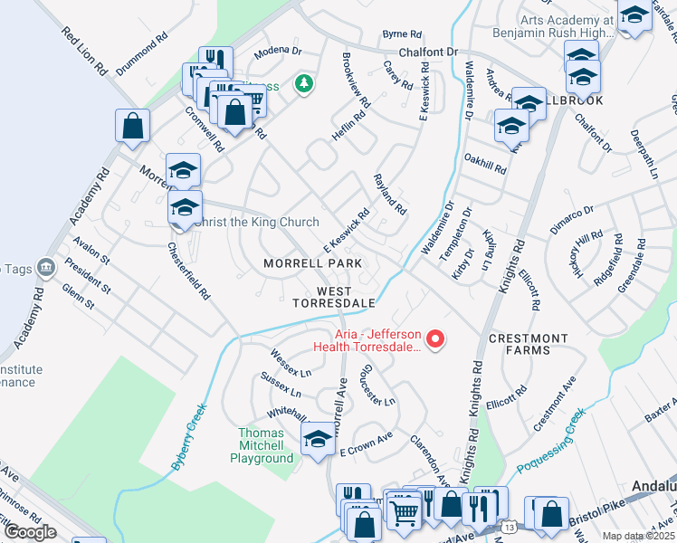 map of restaurants, bars, coffee shops, grocery stores, and more near 3423 Morrell Avenue in Philadelphia