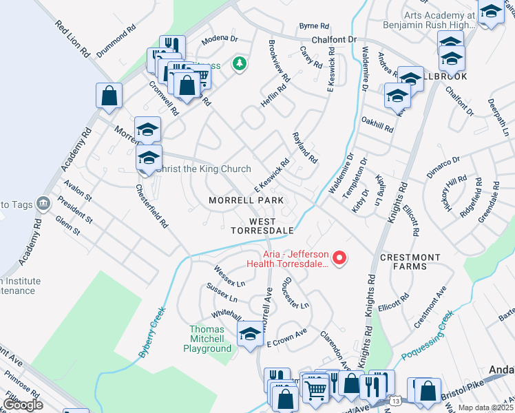 map of restaurants, bars, coffee shops, grocery stores, and more near 3423 Morrell Avenue in Philadelphia