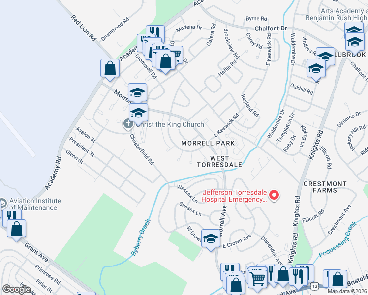 map of restaurants, bars, coffee shops, grocery stores, and more near 3316 South Keswick Circle in Philadelphia