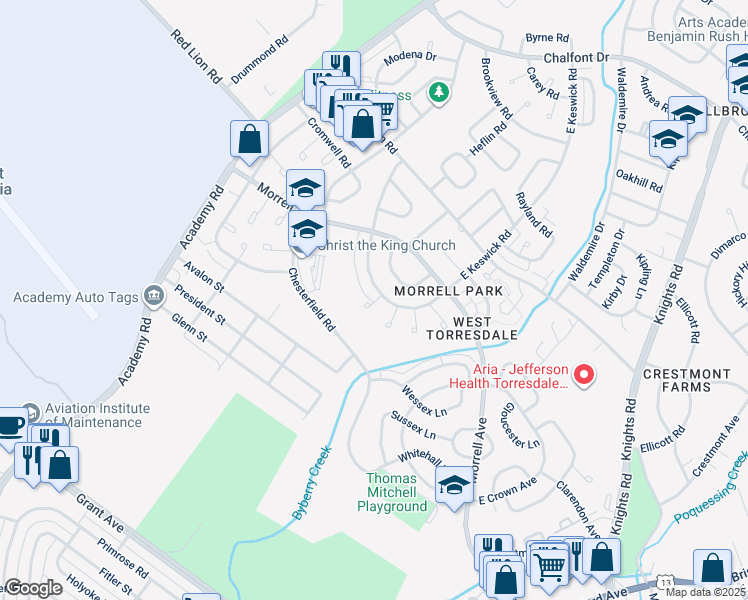 map of restaurants, bars, coffee shops, grocery stores, and more near 3303 South Keswick Plaza in Philadelphia