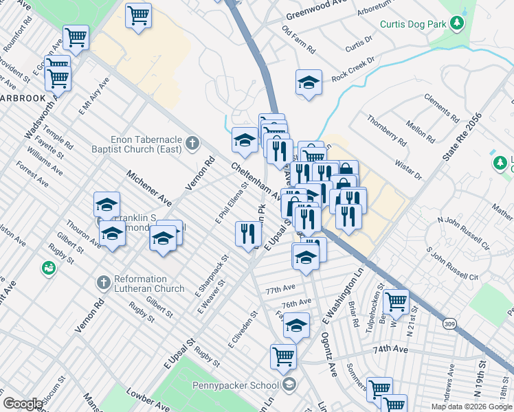 map of restaurants, bars, coffee shops, grocery stores, and more near 7746 Cedarbrook Avenue in Philadelphia