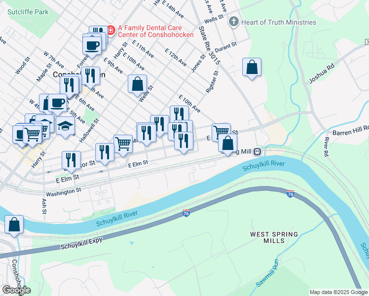 map of restaurants, bars, coffee shops, grocery stores, and more near 730 East Elm Street in Conshohocken
