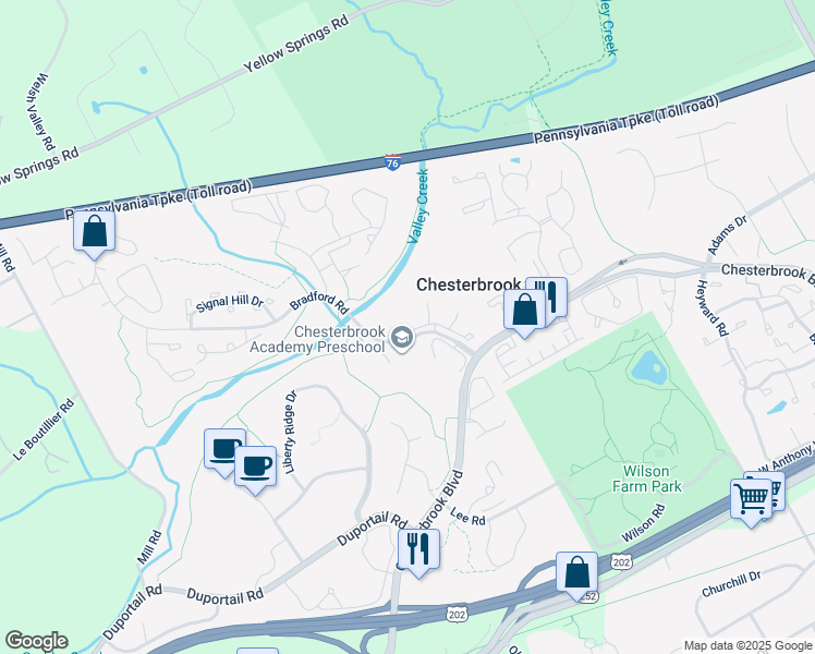map of restaurants, bars, coffee shops, grocery stores, and more near 102 Cavalry Court in Chesterbrook