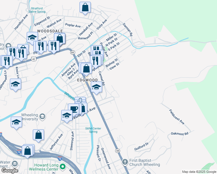 map of restaurants, bars, coffee shops, grocery stores, and more near 108 Carmel Road in Wheeling