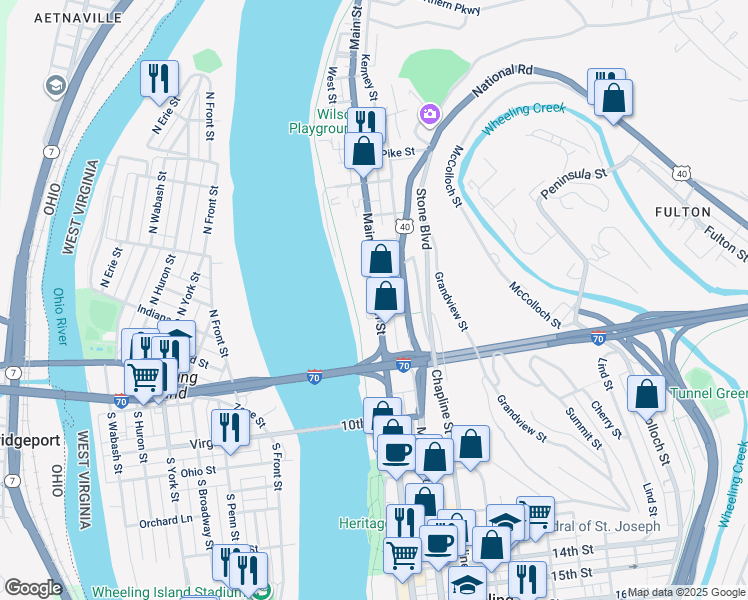 map of restaurants, bars, coffee shops, grocery stores, and more near 741 Main Street in Wheeling