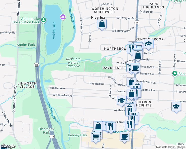 map of restaurants, bars, coffee shops, grocery stores, and more near 271 Broad Meadows Boulevard in Columbus