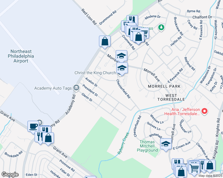 map of restaurants, bars, coffee shops, grocery stores, and more near 9804 Avalon Place in Philadelphia