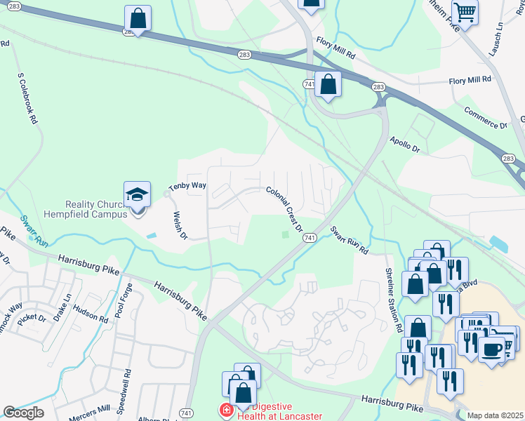 map of restaurants, bars, coffee shops, grocery stores, and more near 1419 Colonial Crest Drive in Lancaster