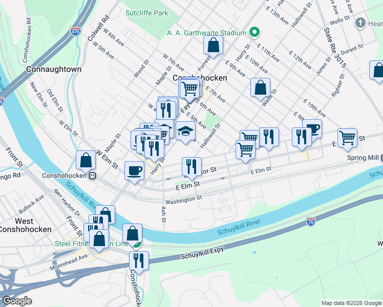 map of restaurants, bars, coffee shops, grocery stores, and more near 258 Spring Mill Avenue in Conshohocken