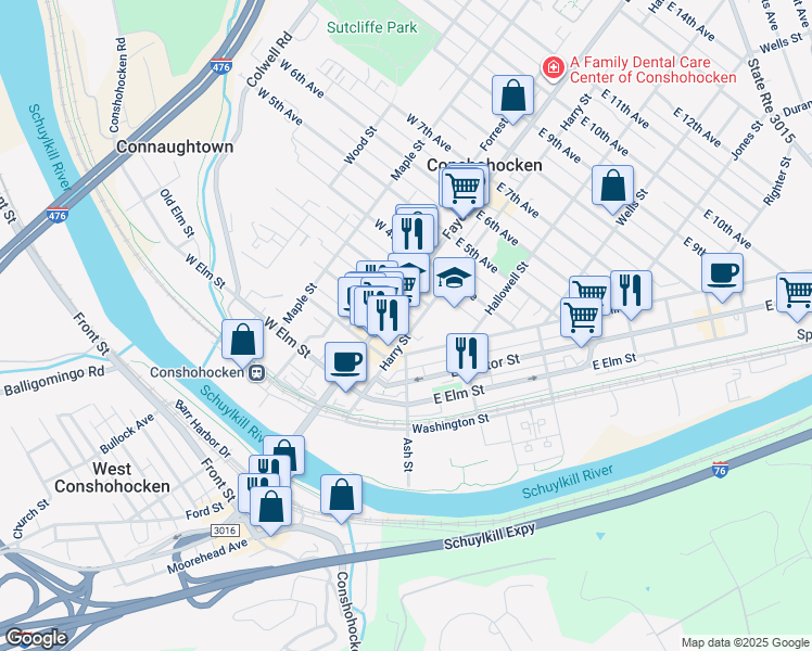 map of restaurants, bars, coffee shops, grocery stores, and more near 119 Harry Street in Conshohocken