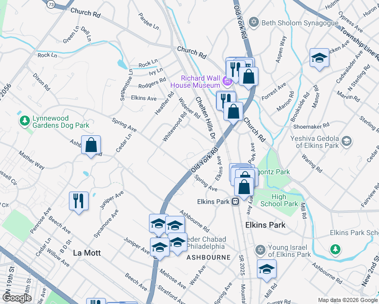 map of restaurants, bars, coffee shops, grocery stores, and more near 7900 Old York Road in Elkins Park