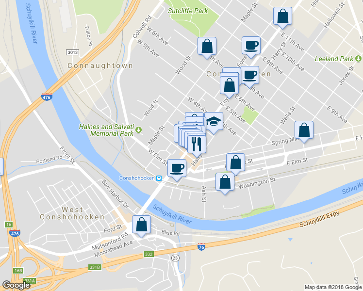 map of restaurants, bars, coffee shops, grocery stores, and more near 107 Forrest Street in Conshohocken