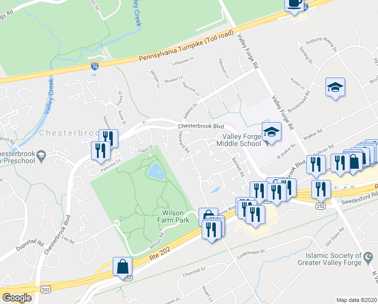 map of restaurants, bars, coffee shops, grocery stores, and more near 1150 Heyward Road in Wayne