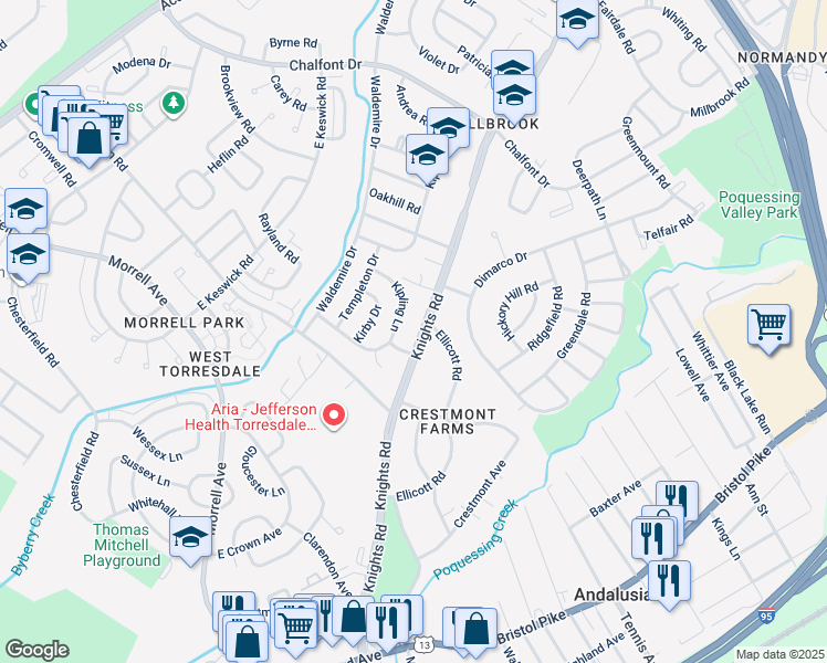 map of restaurants, bars, coffee shops, grocery stores, and more near 10910 Knights Road in Philadelphia