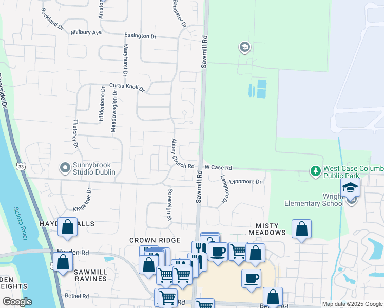 map of restaurants, bars, coffee shops, grocery stores, and more near 5830 Pebble Run Lane in Dublin