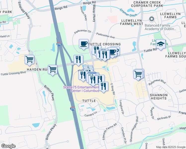 map of restaurants, bars, coffee shops, grocery stores, and more near 5083 Tuttle Crossing Boulevard in Dublin