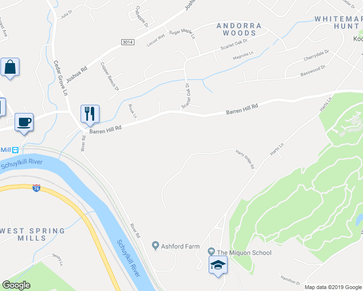 map of restaurants, bars, coffee shops, grocery stores, and more near 627 Harts Ridge Road in Conshohocken