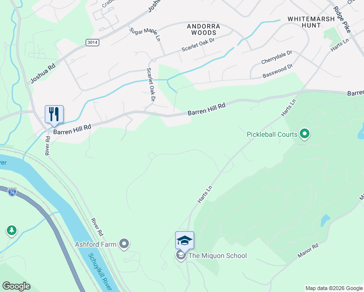 map of restaurants, bars, coffee shops, grocery stores, and more near 637 Harts Ridge Road in Conshohocken