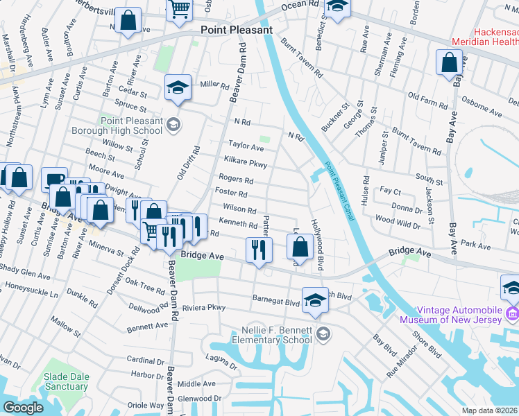 map of restaurants, bars, coffee shops, grocery stores, and more near 2202 Wilson Road in Point Pleasant