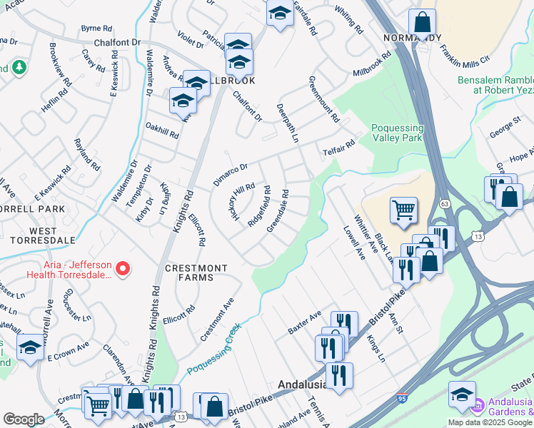 map of restaurants, bars, coffee shops, grocery stores, and more near 149 Ridgefield Road in Philadelphia