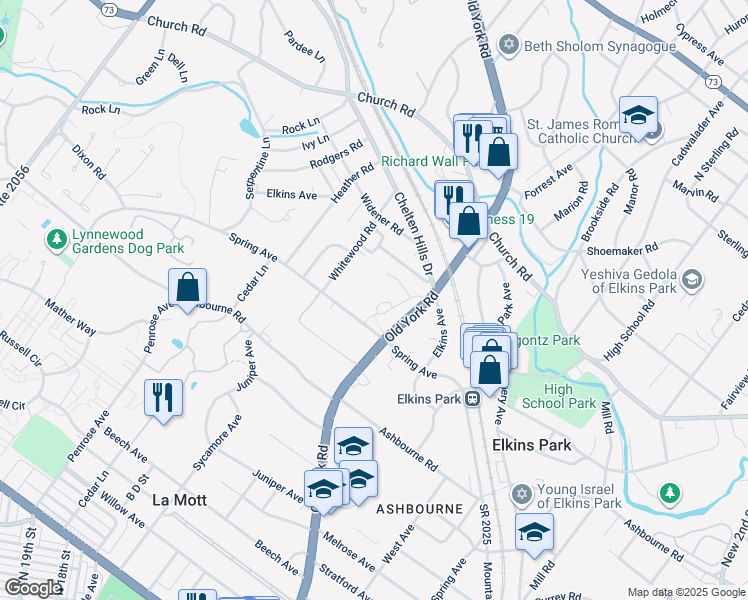 map of restaurants, bars, coffee shops, grocery stores, and more near 7900 Old York Road in Elkins Park