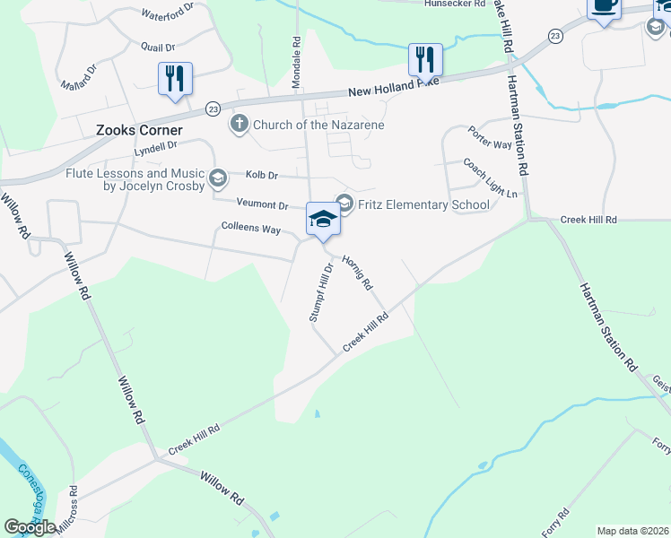 map of restaurants, bars, coffee shops, grocery stores, and more near 826 Hornig Road in Lancaster