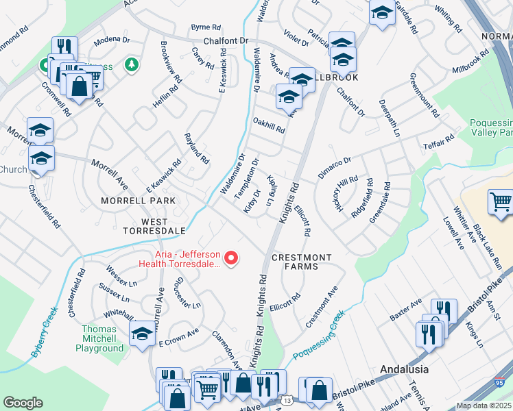 map of restaurants, bars, coffee shops, grocery stores, and more near 10915 Kirby Drive in Philadelphia