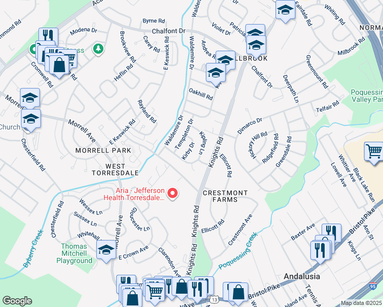 map of restaurants, bars, coffee shops, grocery stores, and more near 10915 Kirby Drive in Philadelphia