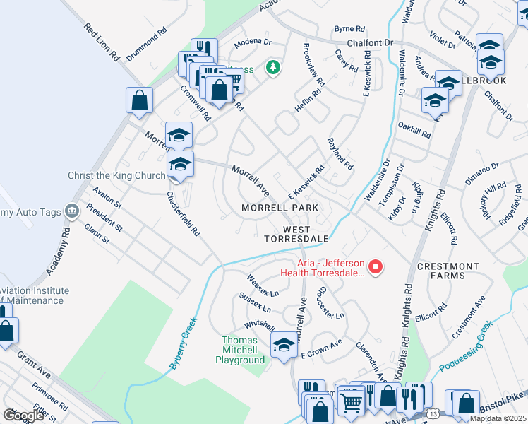 map of restaurants, bars, coffee shops, grocery stores, and more near 3391 South Keswick Road in Philadelphia