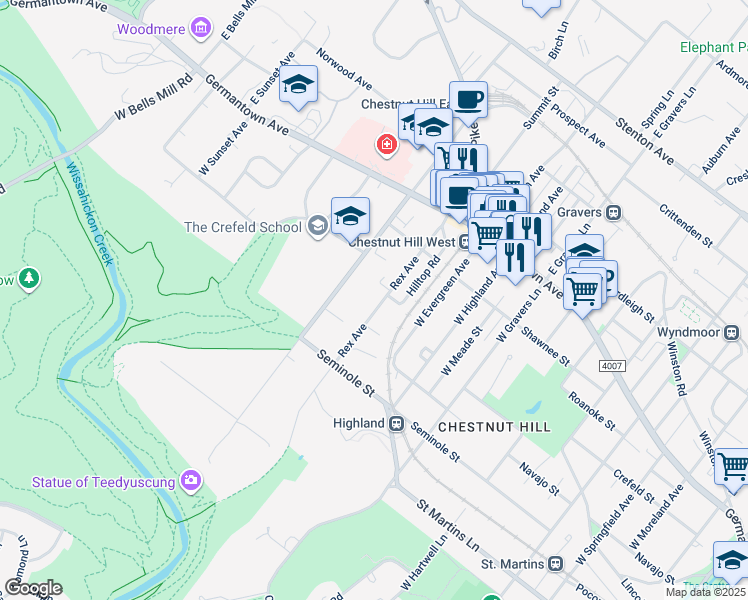 map of restaurants, bars, coffee shops, grocery stores, and more near 209 Rex Ave in Philadelphia