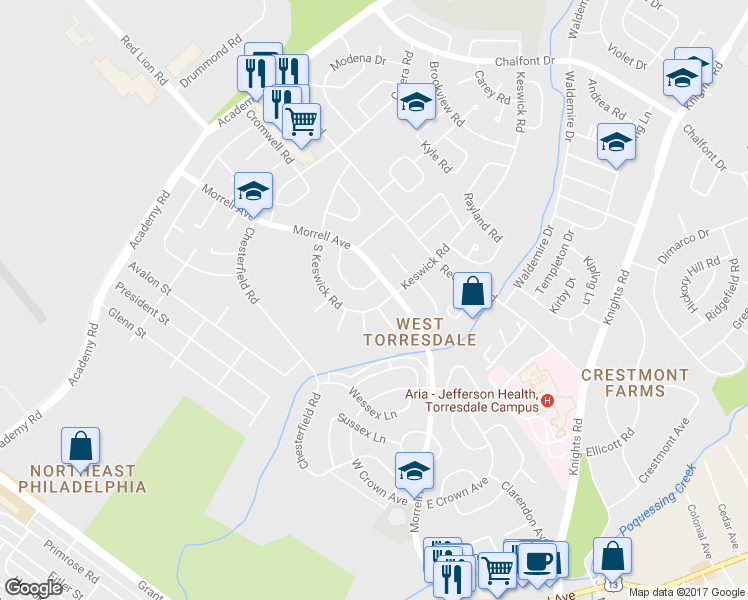 map of restaurants, bars, coffee shops, grocery stores, and more near 3391 South Keswick Road in Philadelphia
