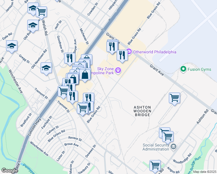 map of restaurants, bars, coffee shops, grocery stores, and more near 9300 Blue Grass Road in Philadelphia