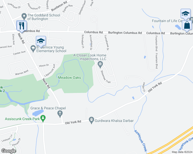 map of restaurants, bars, coffee shops, grocery stores, and more near 38 Arrowhead Drive in Burlington