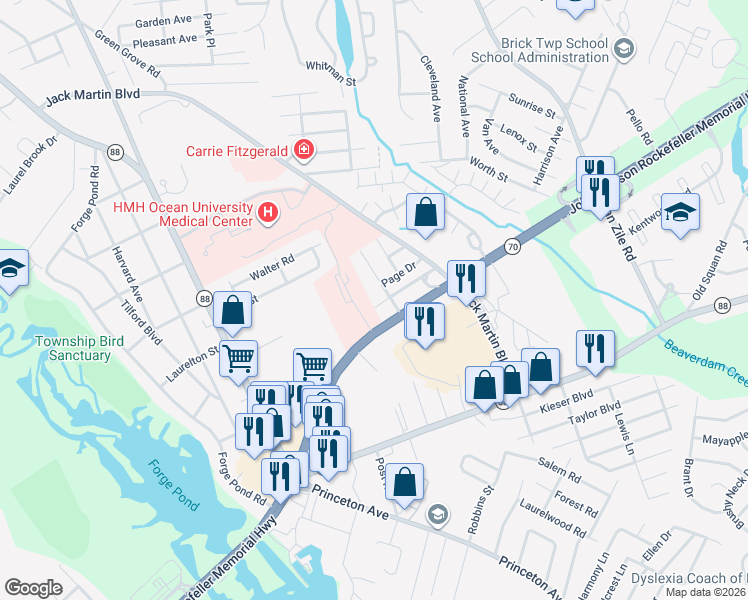 map of restaurants, bars, coffee shops, grocery stores, and more near 982 Falkenberg Road in Brick Township