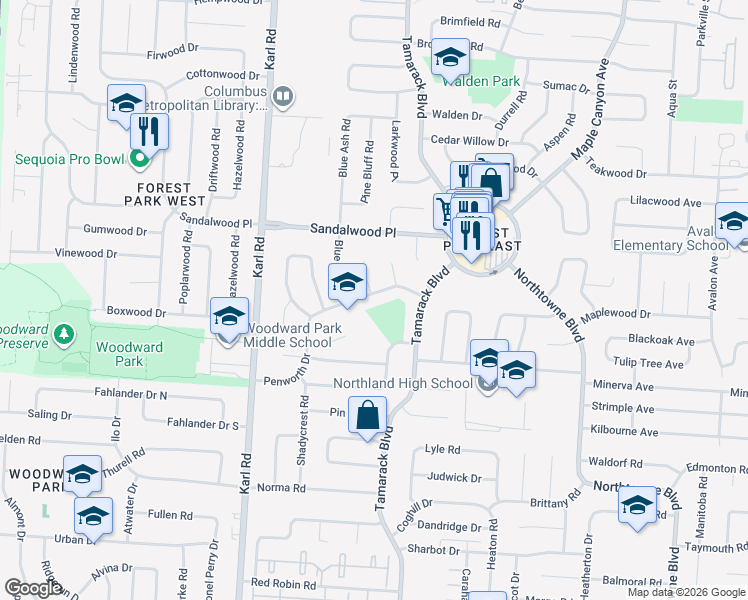 map of restaurants, bars, coffee shops, grocery stores, and more near 1745 Penworth Drive in Columbus