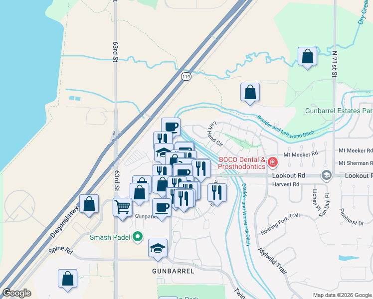 map of restaurants, bars, coffee shops, grocery stores, and more near 6565 Odell Place in Boulder